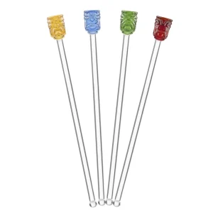 Glass Tiki Head Drink Stirrers - Set of 4