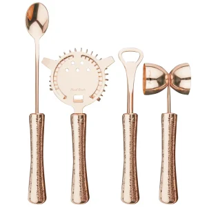 4 Piece Bar Tool Set with Stand - Copper Metal Handles
