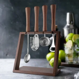 4 Piece Bar Tool Set with Stand - Wood Handles